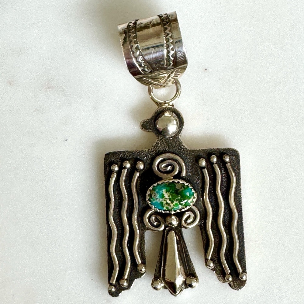 Navajo Thunderbird Pendant Turquoise 2.5 Sterling Signed Mariano Native American - Picture 5 of 8